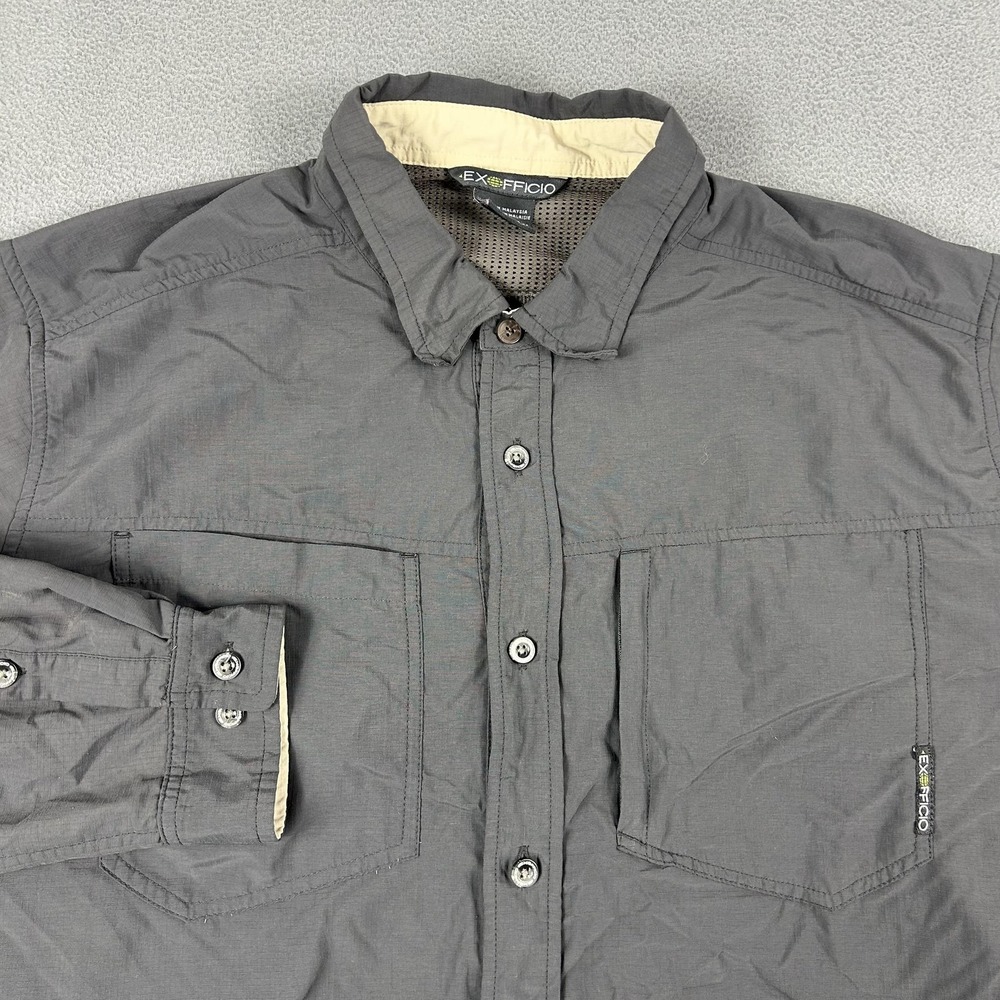ExOfficio Shirt Mens 2XL Gray Long Sleeve Button Front Ripstop Travel Hiking